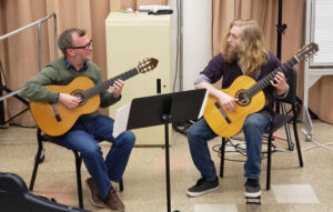 Andrew Zohn, left, hosts a masterclass with Nolan Winters ’22