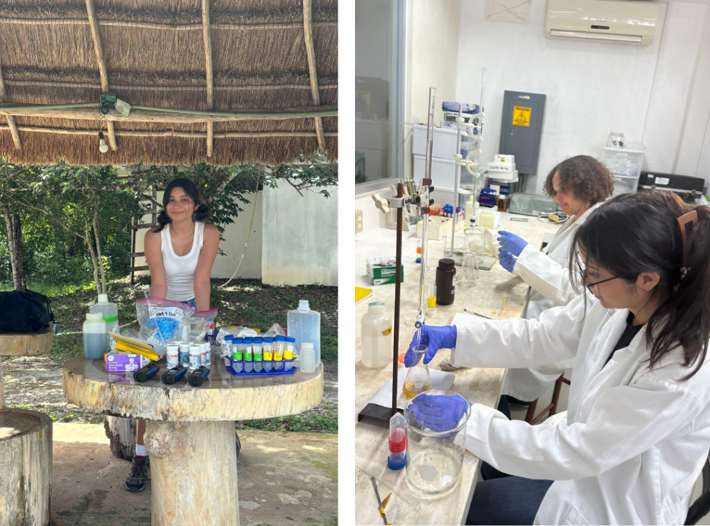 Two images: (left) Diana Jimenez with soil samples; (right) Diana Jimenez working in lab