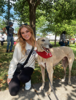 Photo of Victoria Marshall with Grady the Greyhound