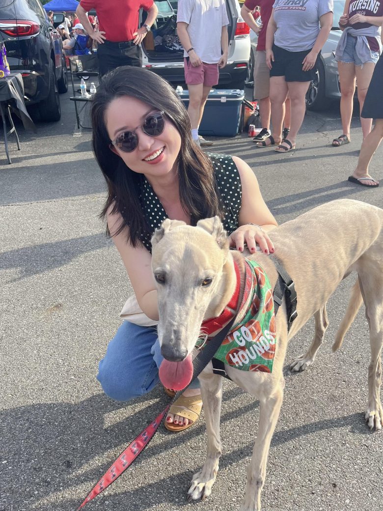 Claire Nelson with Grady the Greyhound